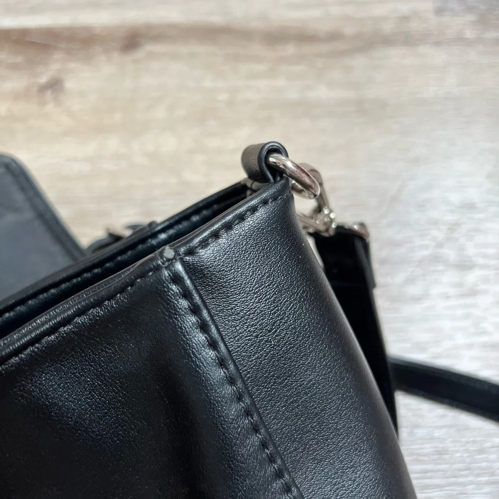 Neiman Marcus Black Fringe Faux Leather Crossbody Purse